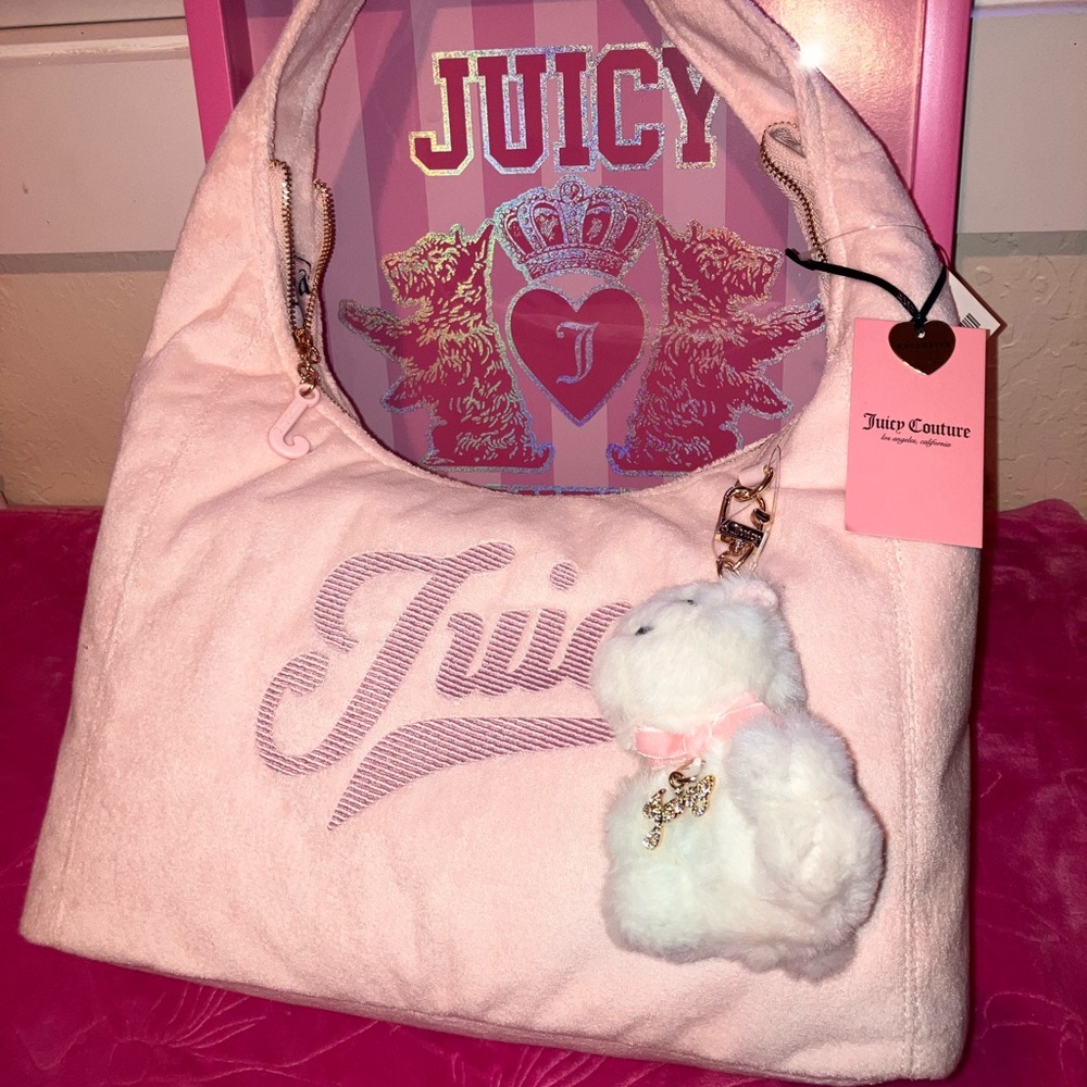 Juicy Couture Light Pink Plush Hobo Bag with Teddy Charm